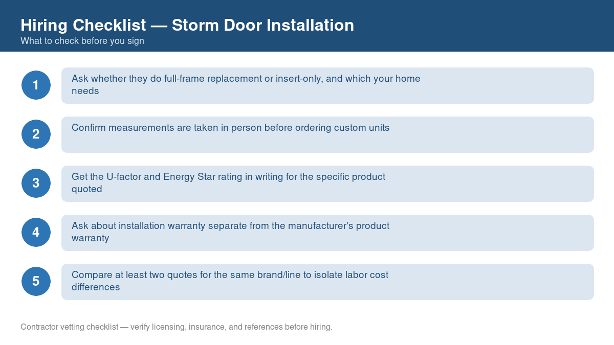 Numbered checklist of questions to ask before hiring a contractor for storm door installation