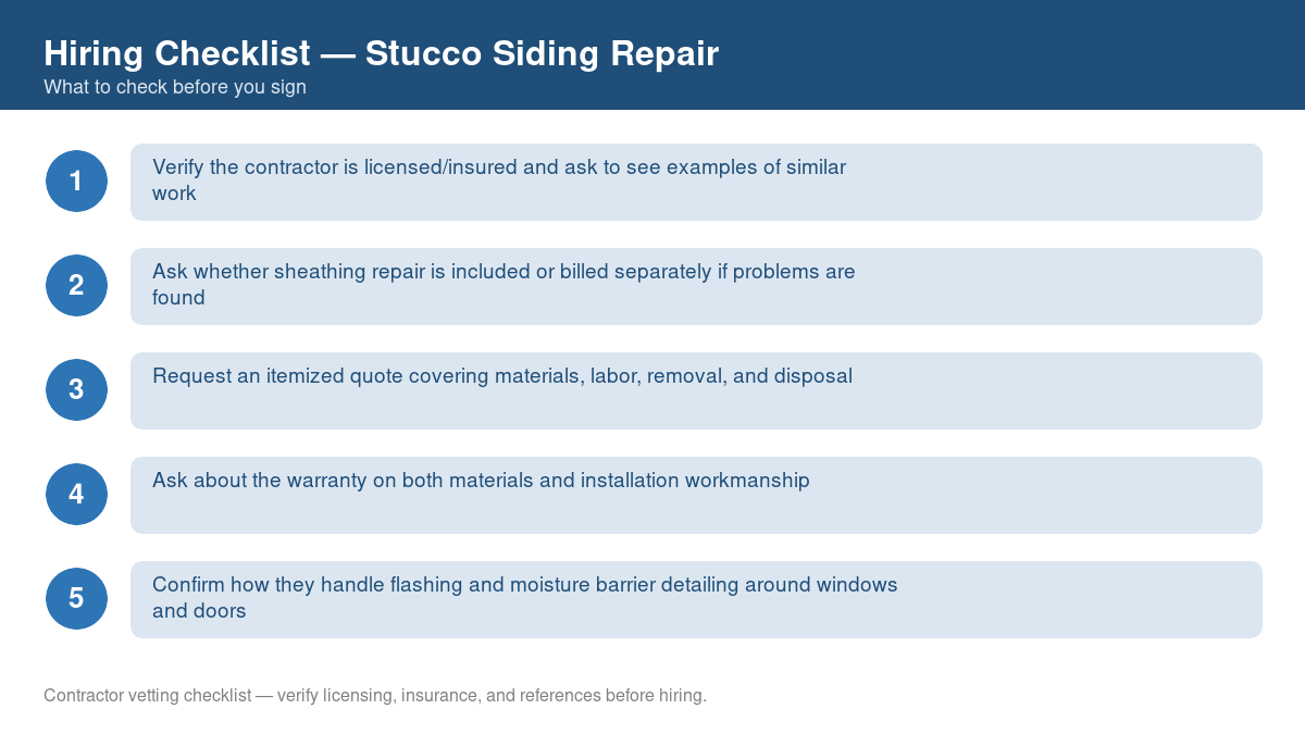 Numbered checklist of questions to ask before hiring a contractor for stucco siding repair