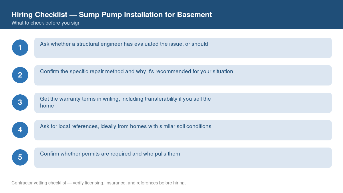 Numbered checklist of questions to ask before hiring a contractor for sump pump installation for basement