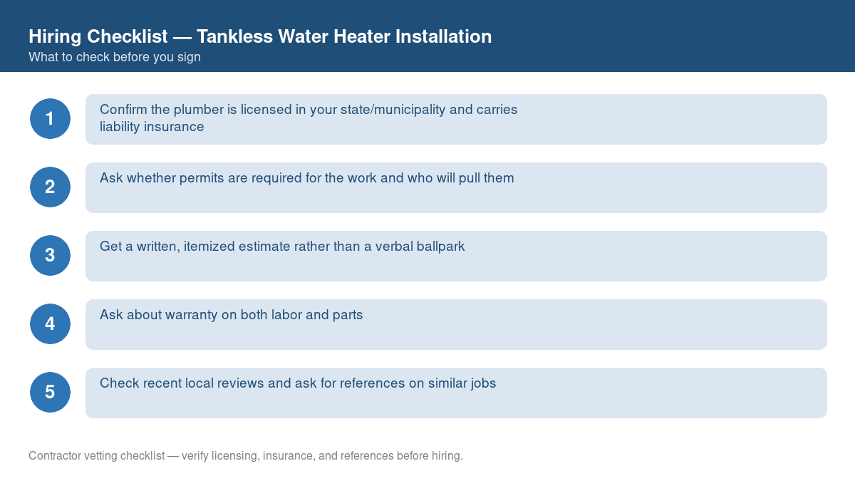 Numbered checklist of questions to ask before hiring a contractor for tankless water heater installation