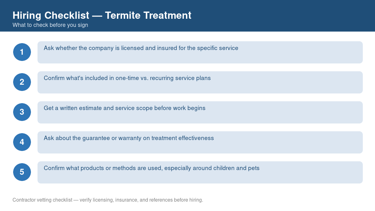 Numbered checklist of questions to ask before hiring a contractor for termite treatment