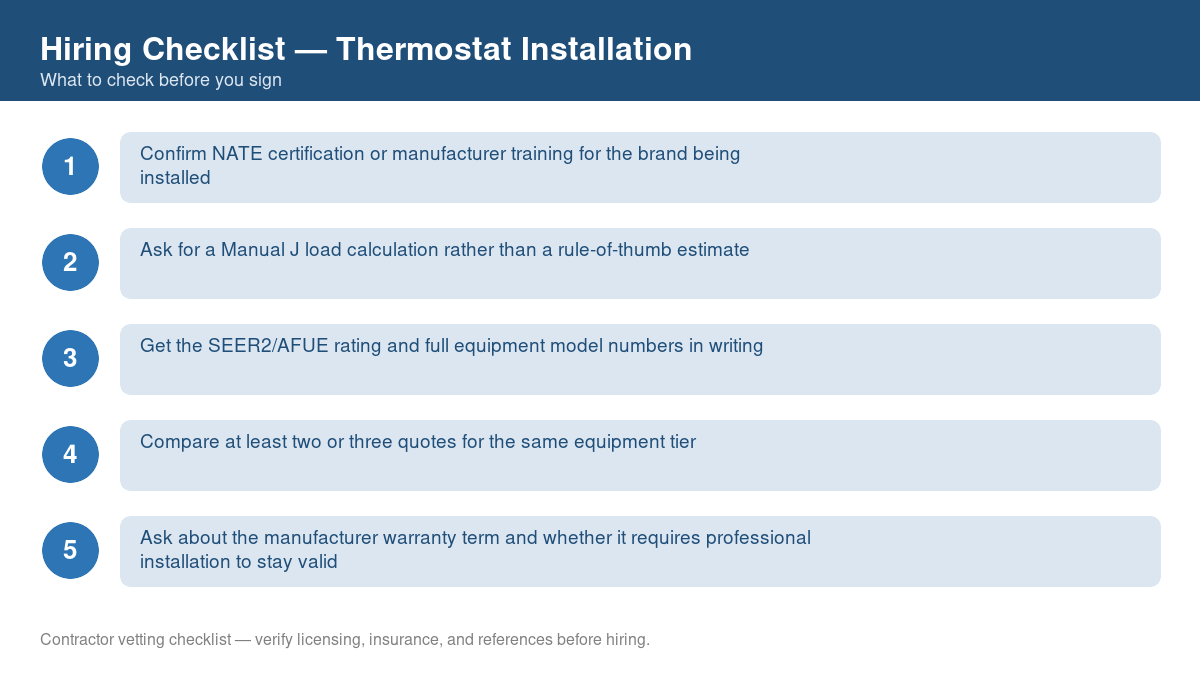 Numbered checklist of questions to ask before hiring a contractor for thermostat installation