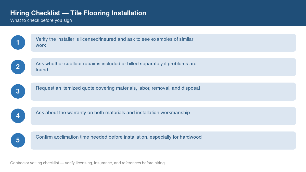 Numbered checklist of questions to ask before hiring a contractor for tile flooring installation