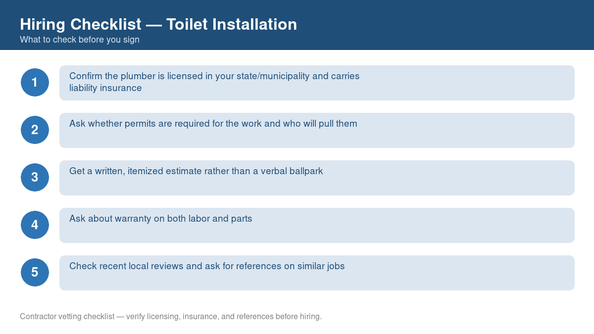 Numbered checklist of questions to ask before hiring a contractor for toilet installation