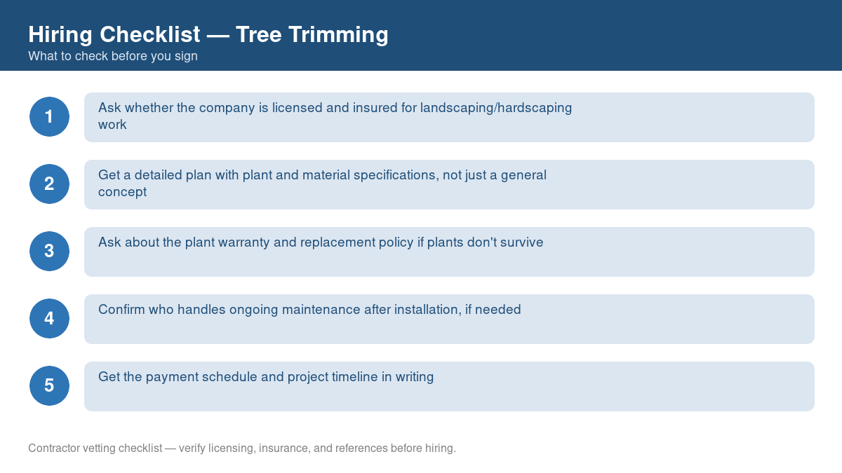 Numbered checklist of questions to ask before hiring a contractor for tree trimming