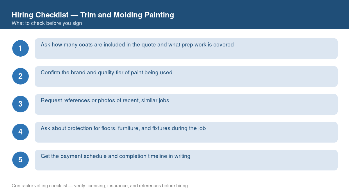 Numbered checklist of questions to ask before hiring a contractor for trim and molding painting