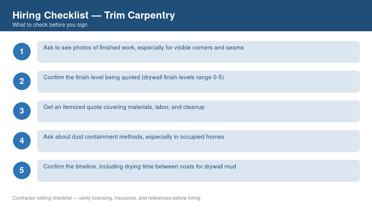 Numbered checklist of questions to ask before hiring a contractor for trim carpentry