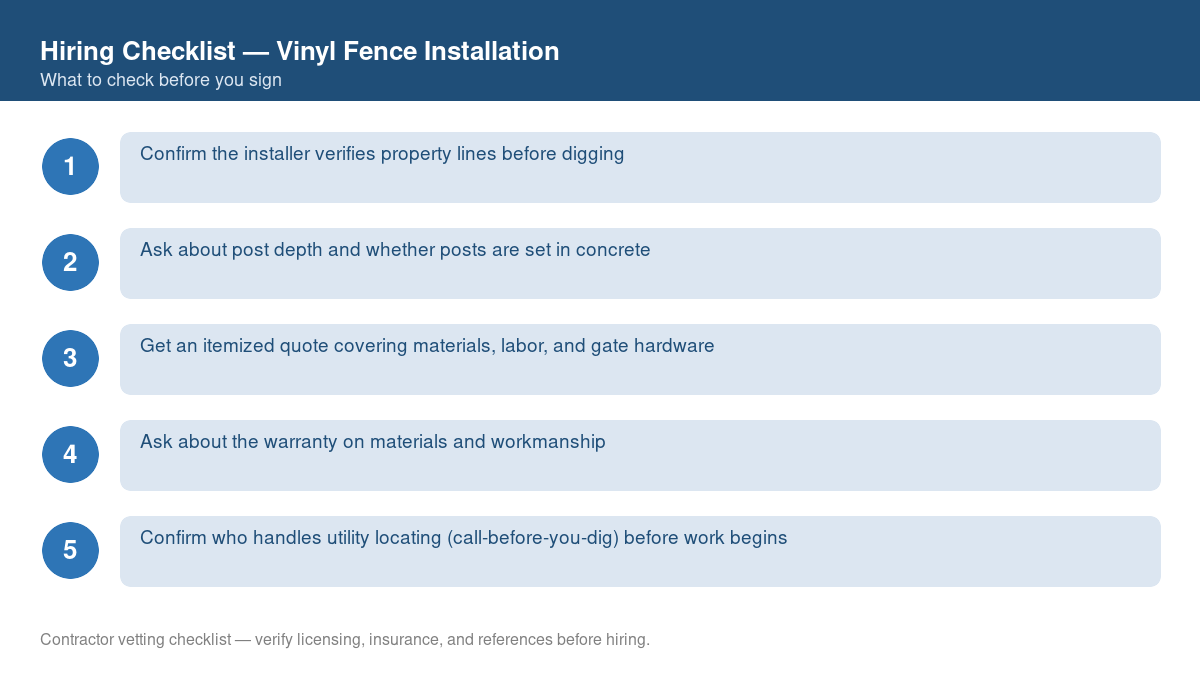Numbered checklist of questions to ask before hiring a contractor for vinyl fence installation