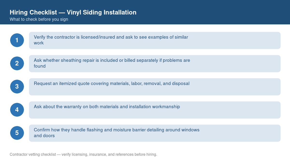 Numbered checklist of questions to ask before hiring a contractor for vinyl siding installation
