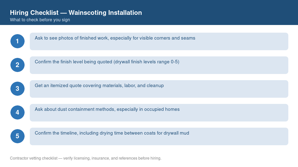 Numbered checklist of questions to ask before hiring a contractor for wainscoting installation