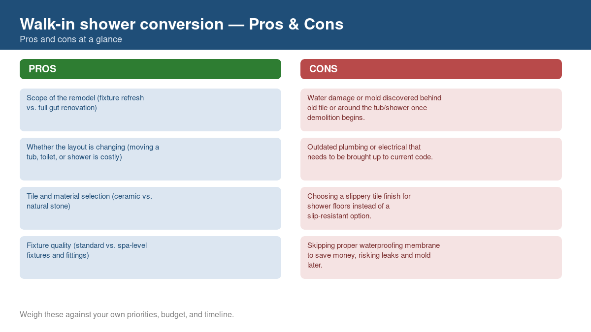 Pros and cons comparison chart for walk-in shower conversion
