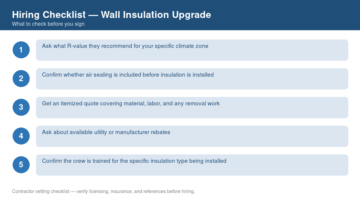 Numbered checklist of questions to ask before hiring a contractor for wall insulation upgrade