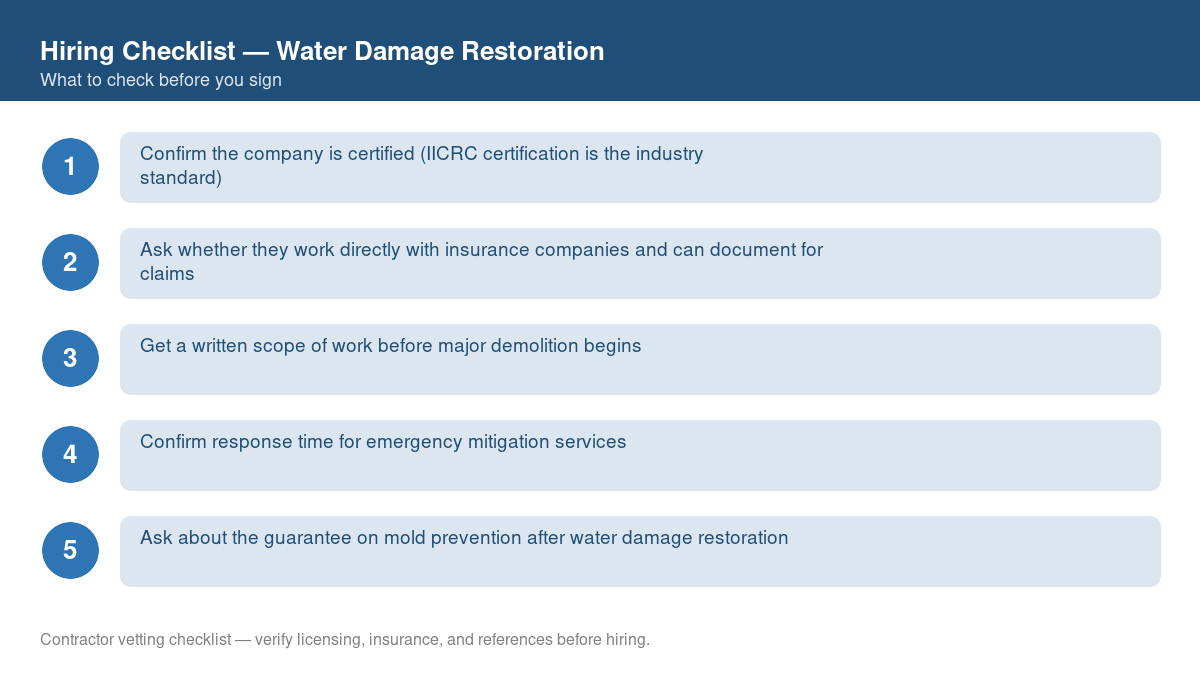 Numbered checklist of questions to ask before hiring a contractor for water damage restoration