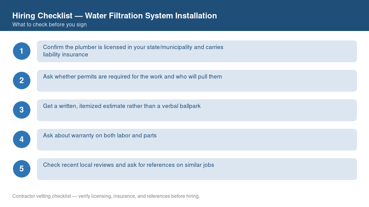 Numbered checklist of questions to ask before hiring a contractor for water filtration system installation
