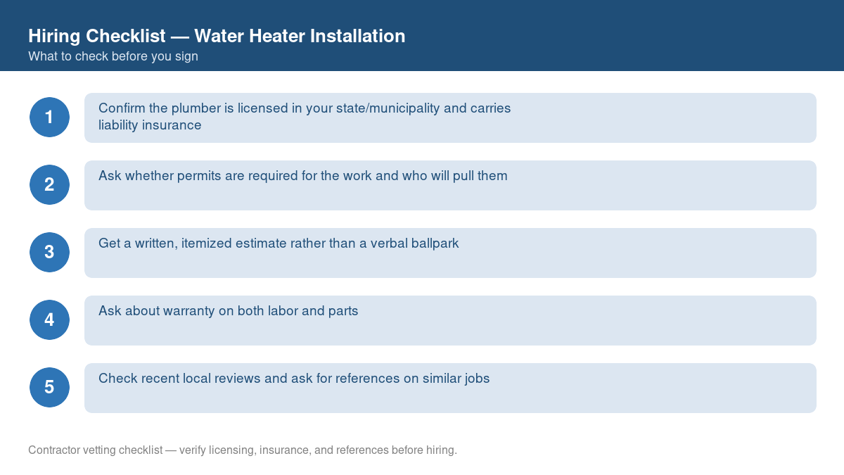 Numbered checklist of questions to ask before hiring a contractor for water heater installation