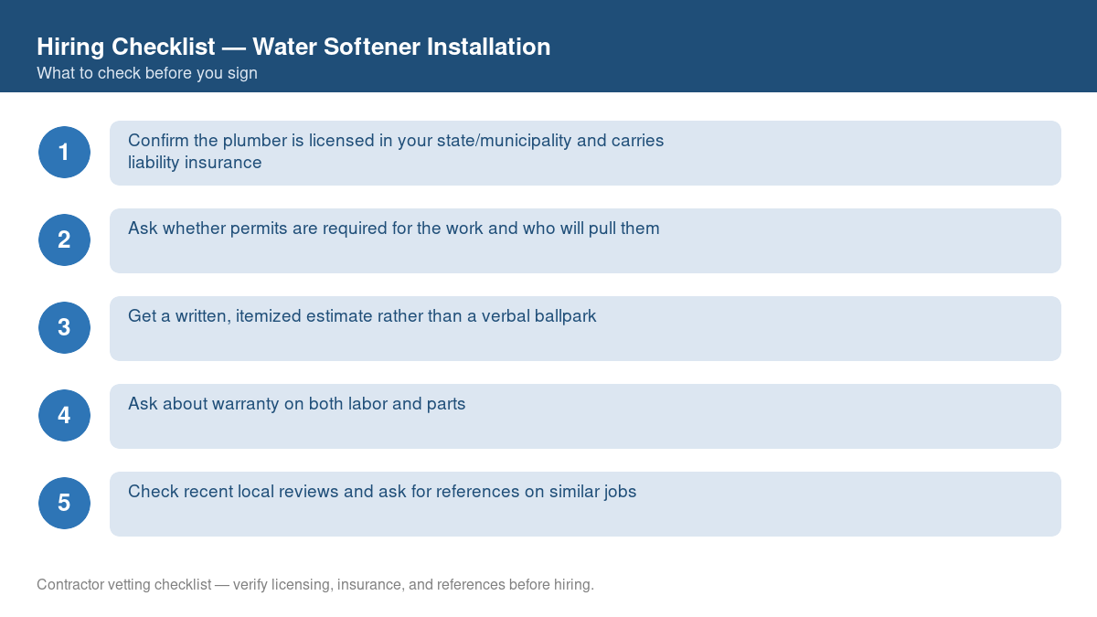 Numbered checklist of questions to ask before hiring a contractor for water softener installation