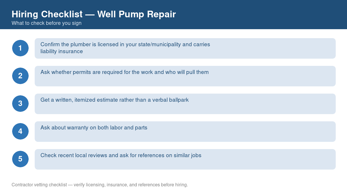 Numbered checklist of questions to ask before hiring a contractor for well pump repair