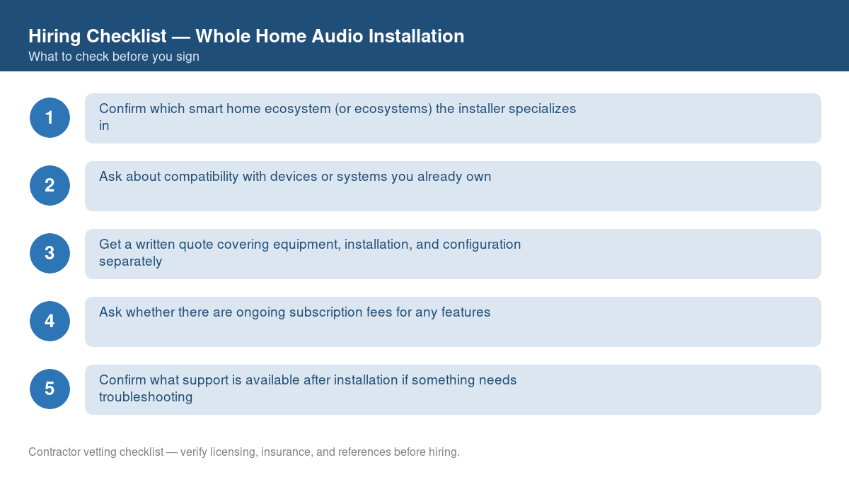 Numbered checklist of questions to ask before hiring a contractor for whole home audio installation