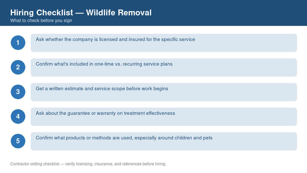 Numbered checklist of questions to ask before hiring a contractor for wildlife removal