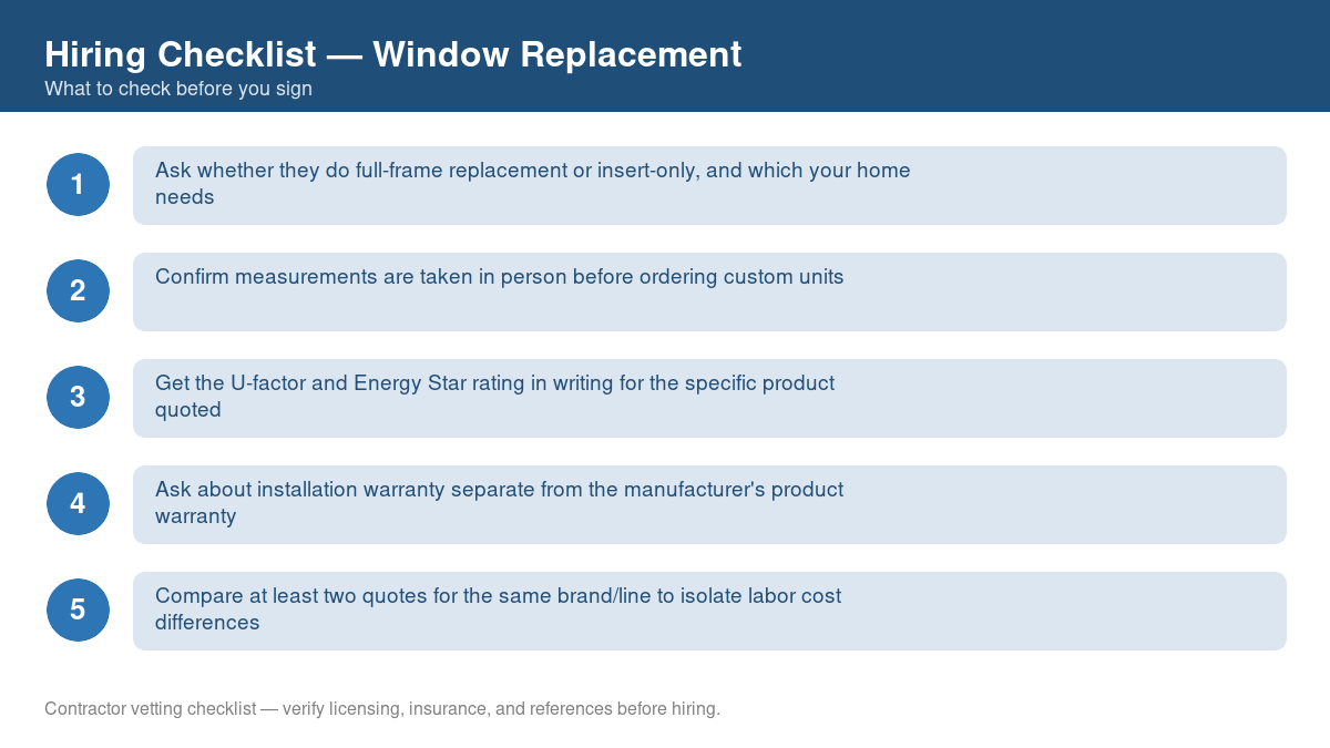 Numbered checklist of questions to ask before hiring a contractor for window replacement