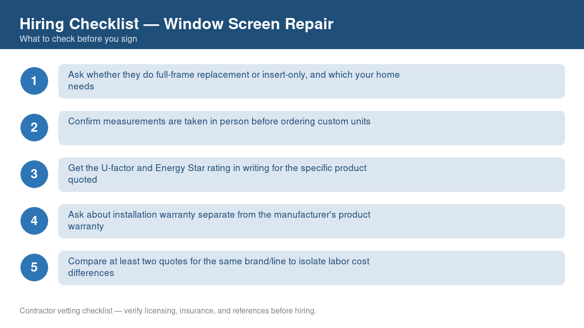 Numbered checklist of questions to ask before hiring a contractor for window screen repair
