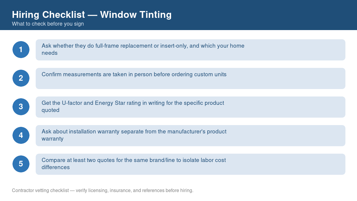 Numbered checklist of questions to ask before hiring a contractor for window tinting