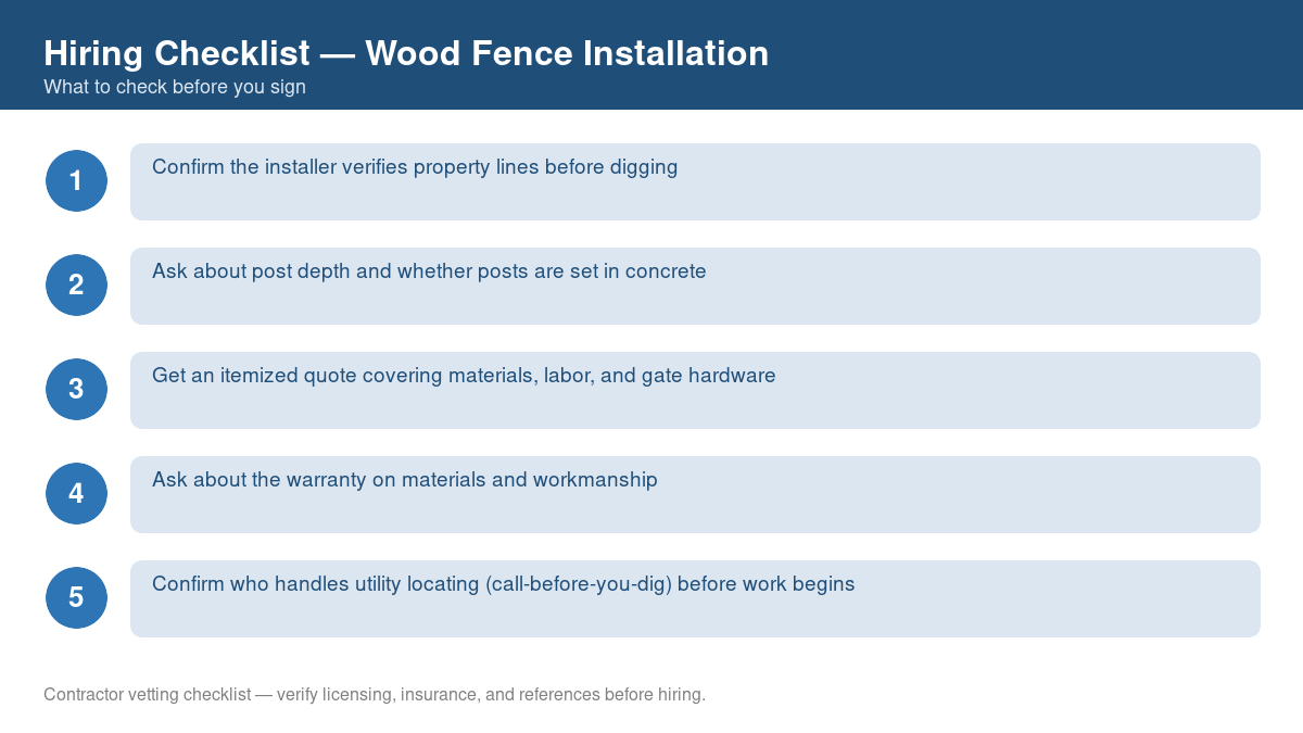 Numbered checklist of questions to ask before hiring a contractor for wood fence installation