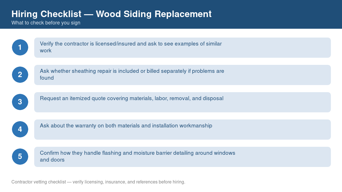Numbered checklist of questions to ask before hiring a contractor for wood siding replacement