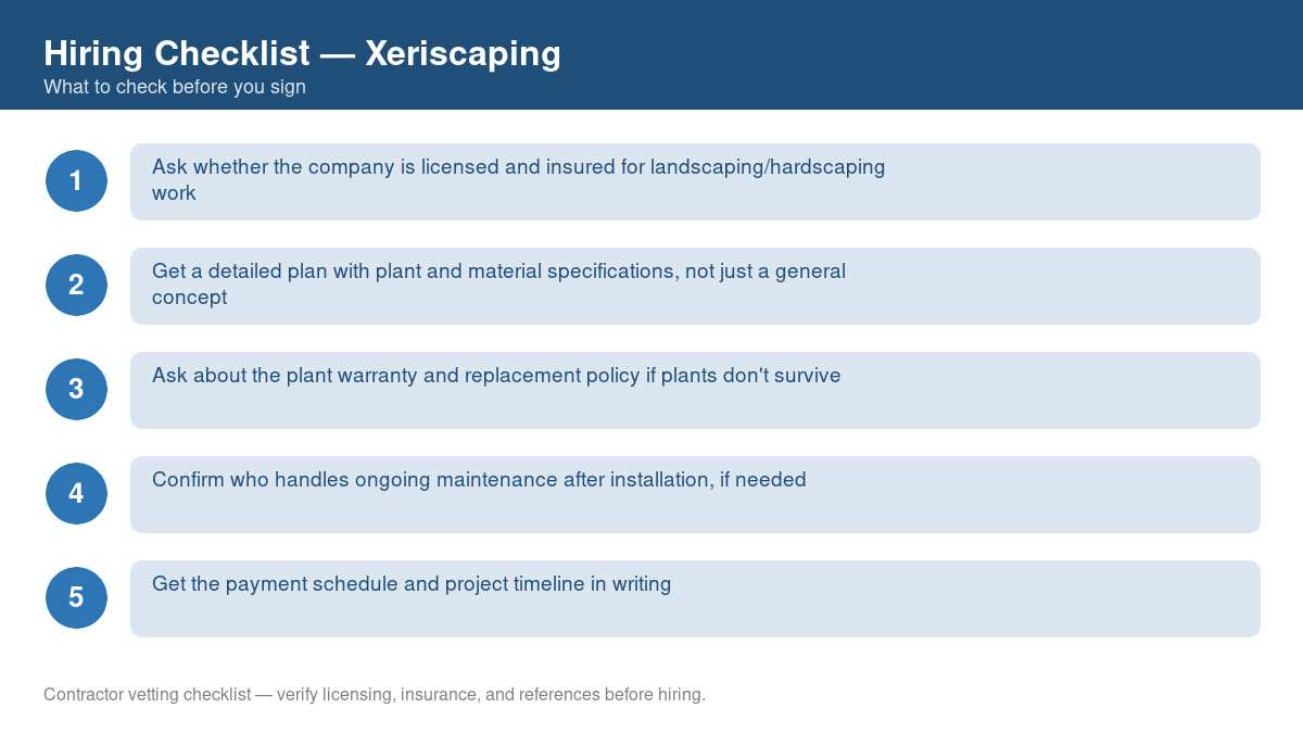 Numbered checklist of questions to ask before hiring a contractor for xeriscaping