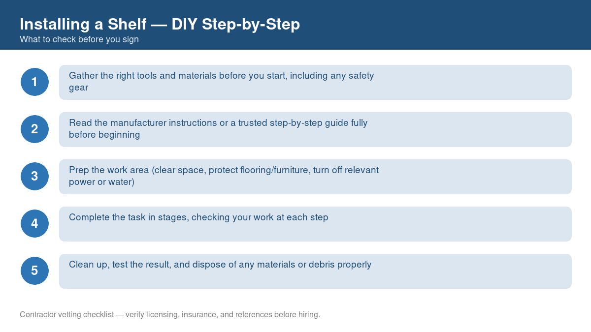 Checklist of step-by-step instructions for DIY installing a shelf