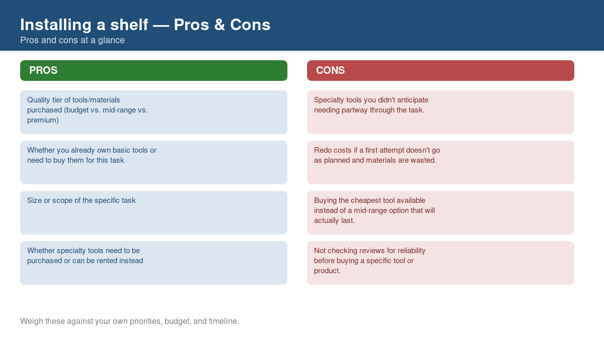 Pros and cons comparison chart for installing a shelf