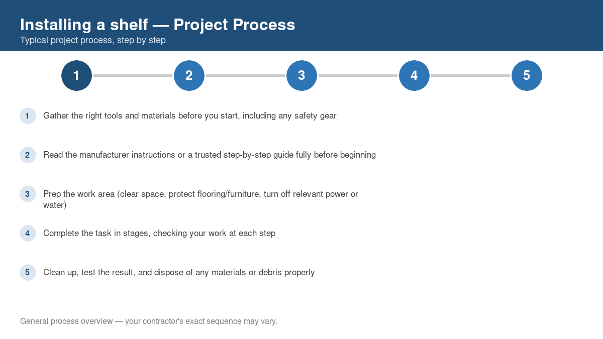 Step-by-step diagram of the typical process for installing a shelf