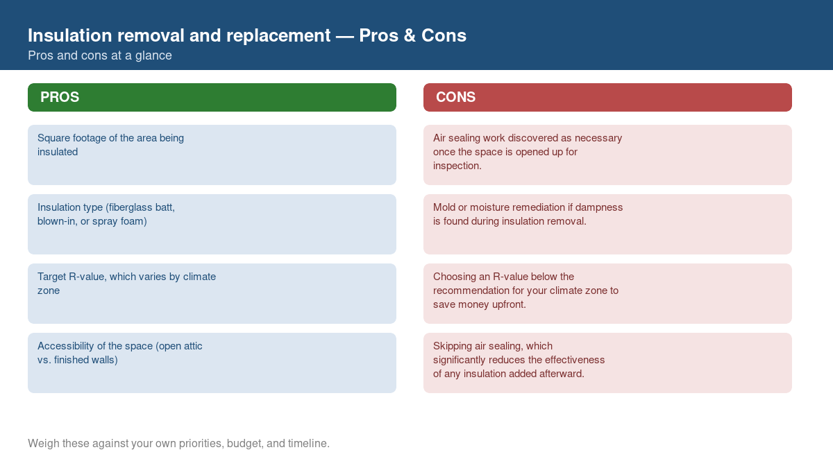 Pros and cons comparison chart for insulation removal and replacement