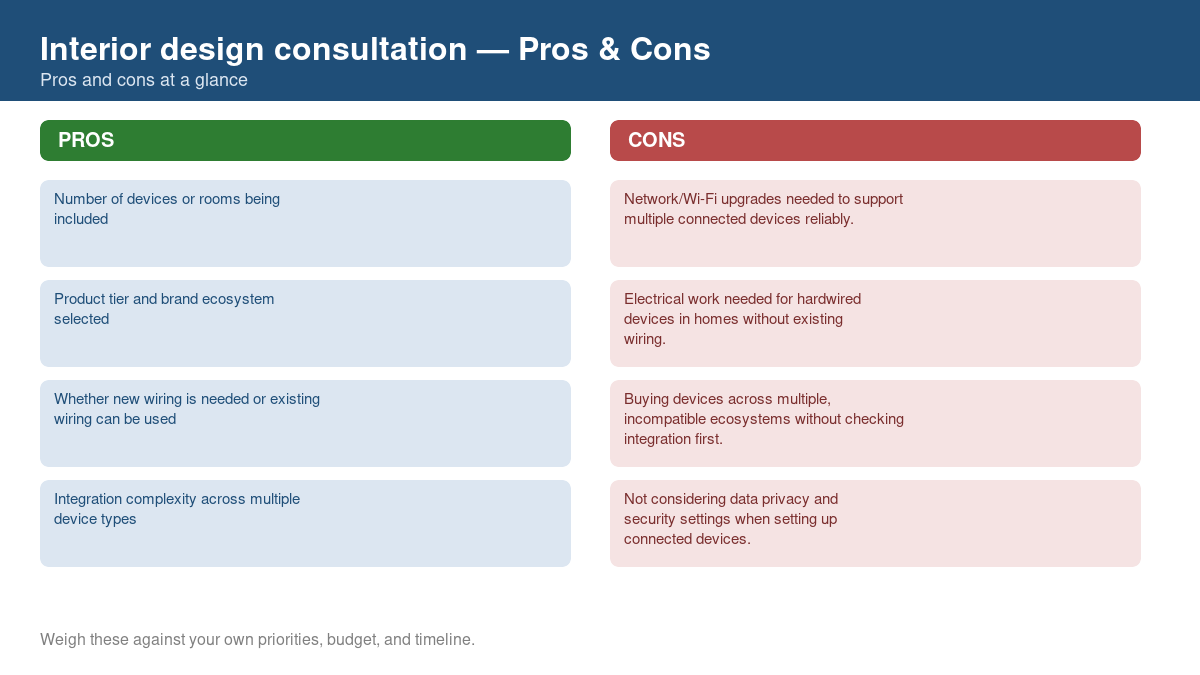 Pros and cons comparison chart for interior design consultation