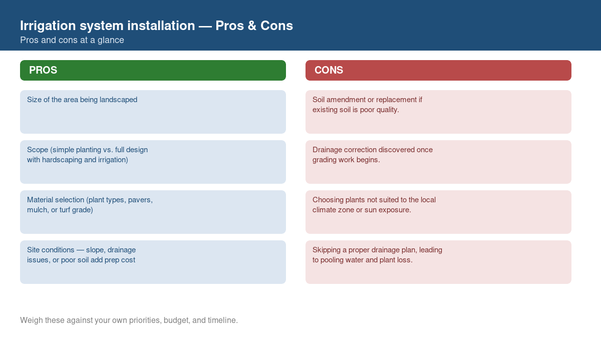 Pros and cons comparison chart for irrigation system installation