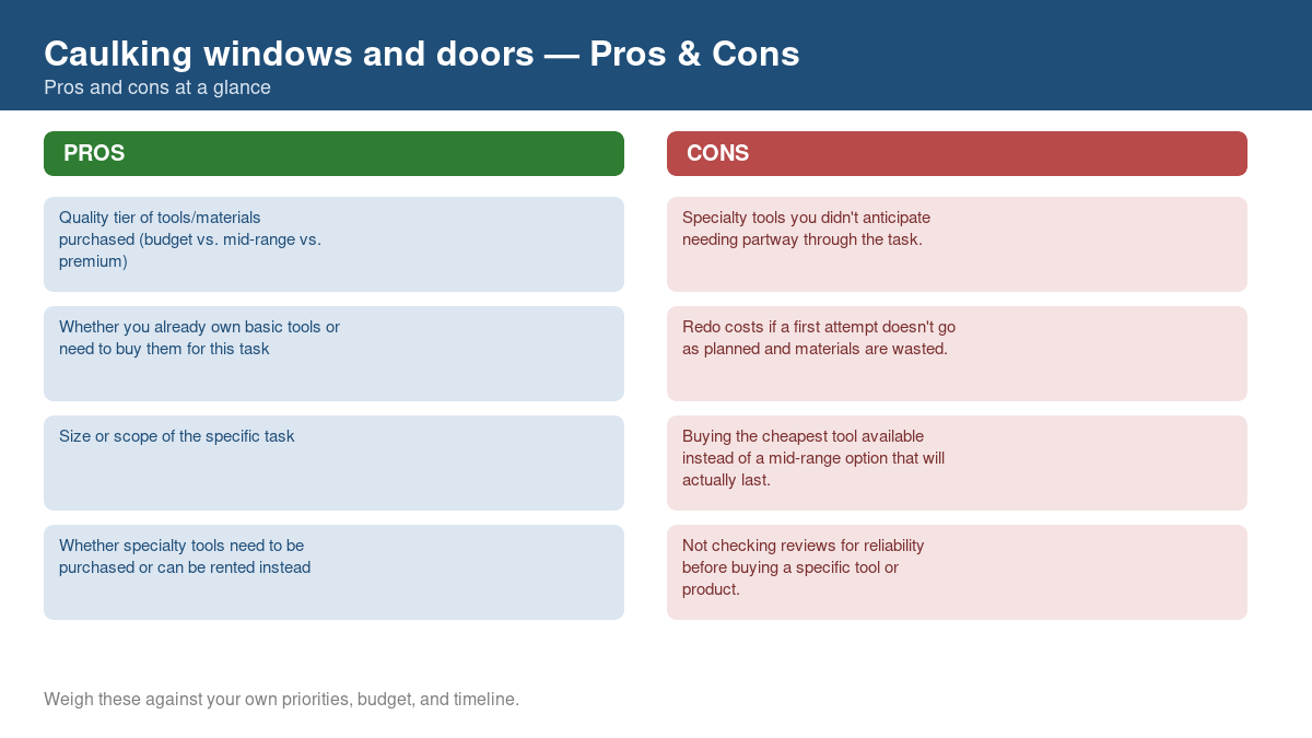 Pros and cons comparison chart for caulking windows and doors