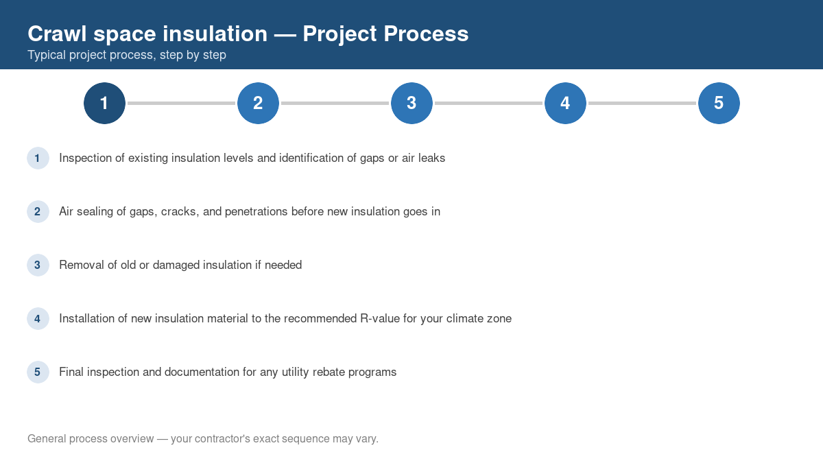 Step-by-step diagram of the typical process for crawl space insulation