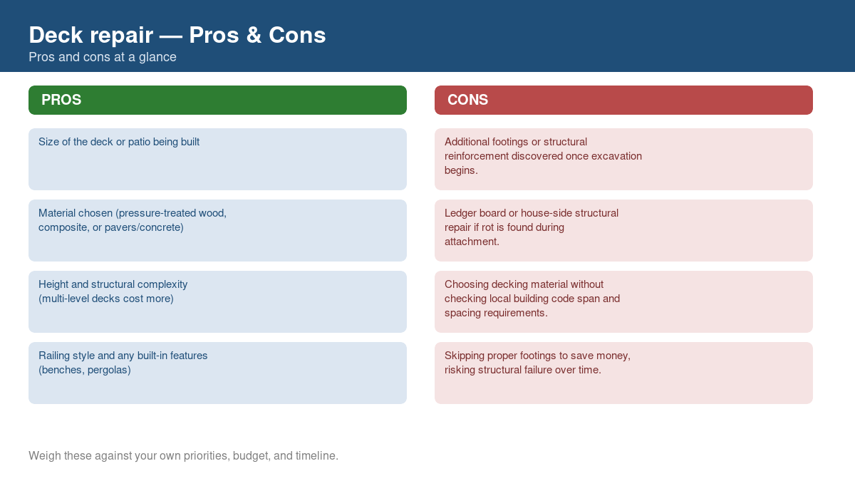 Pros and cons comparison chart for deck repair