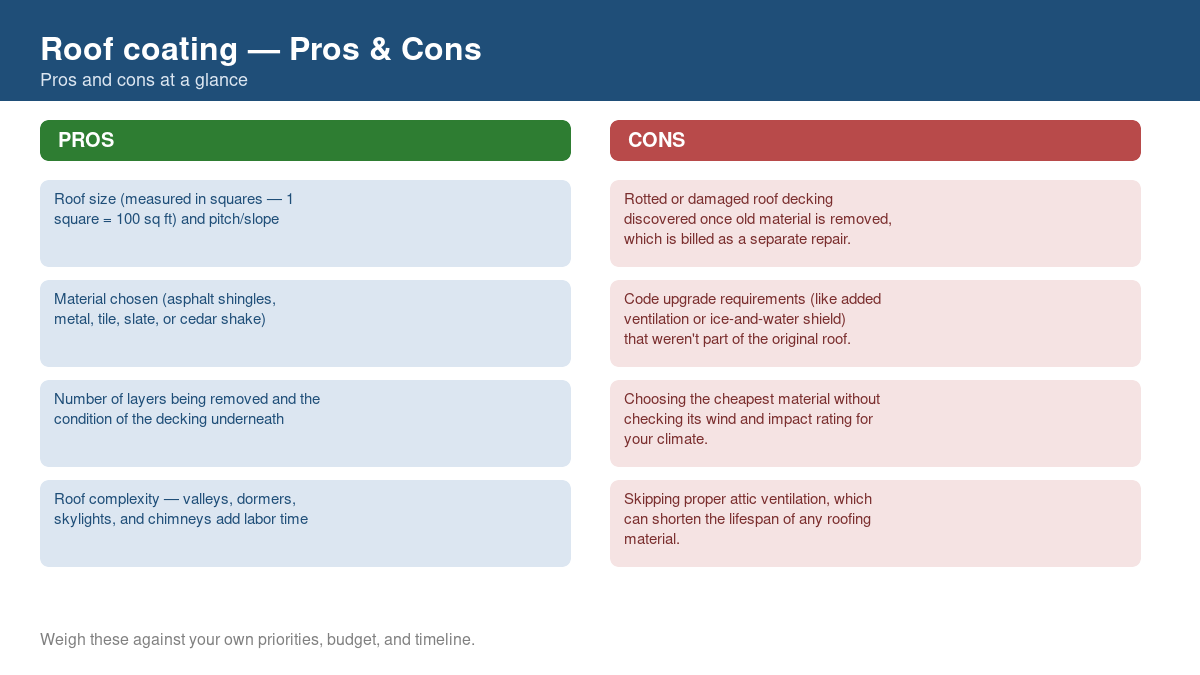 Pros and cons comparison chart for roof coating