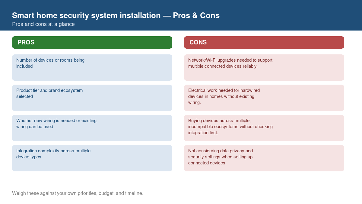 Pros and cons comparison chart for smart home security system installation
