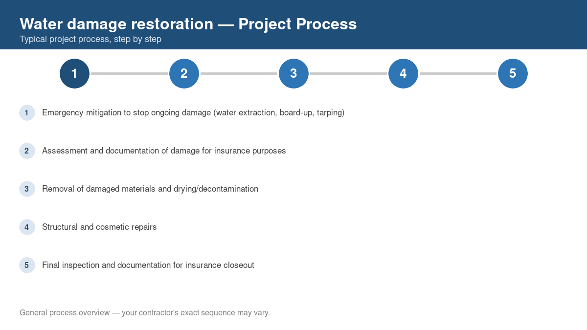 Step-by-step diagram of the typical process for water damage restoration