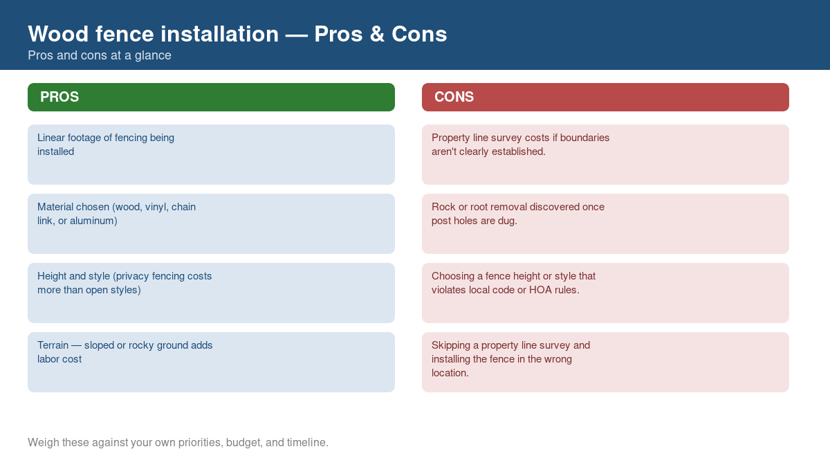 Pros and cons comparison chart for wood fence installation