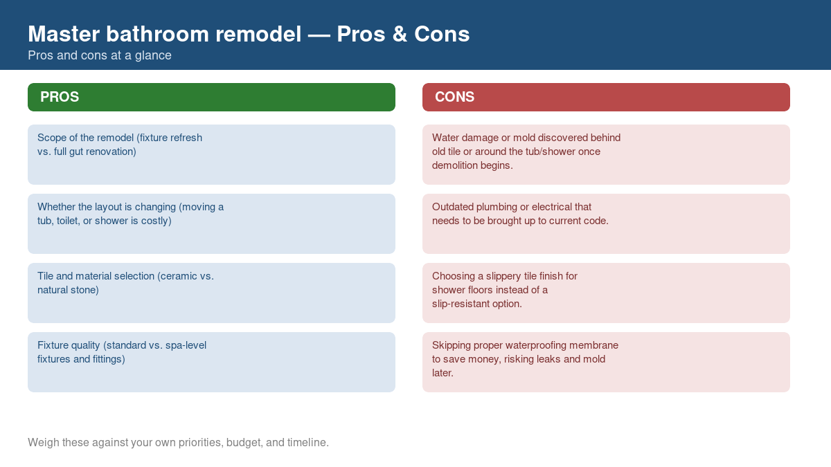 Pros and cons comparison chart for master bathroom remodel