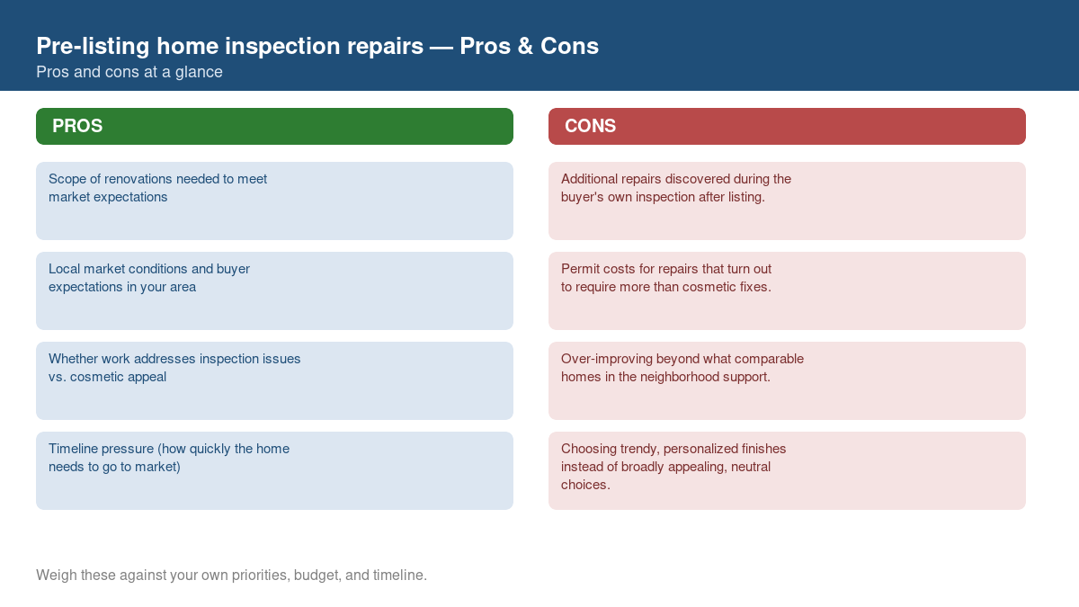 Pros and cons comparison chart for pre-listing home inspection repairs