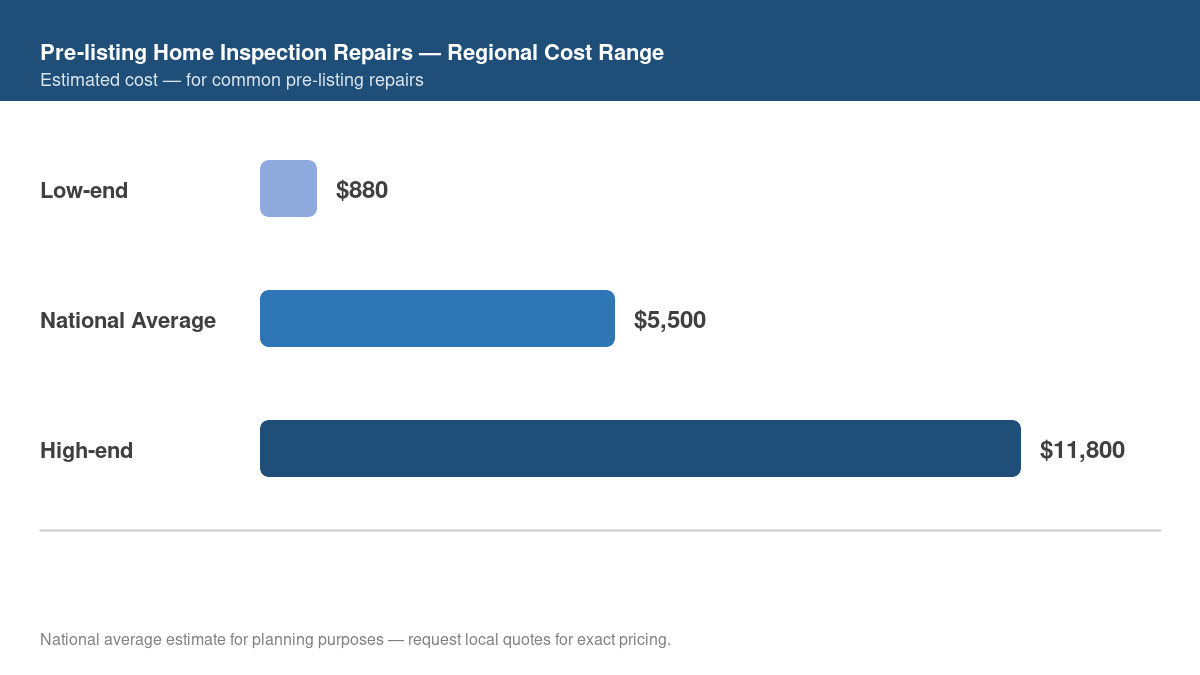 Bar chart showing low, average, and high regional cost estimates for pre-listing home inspection repairs in 2026