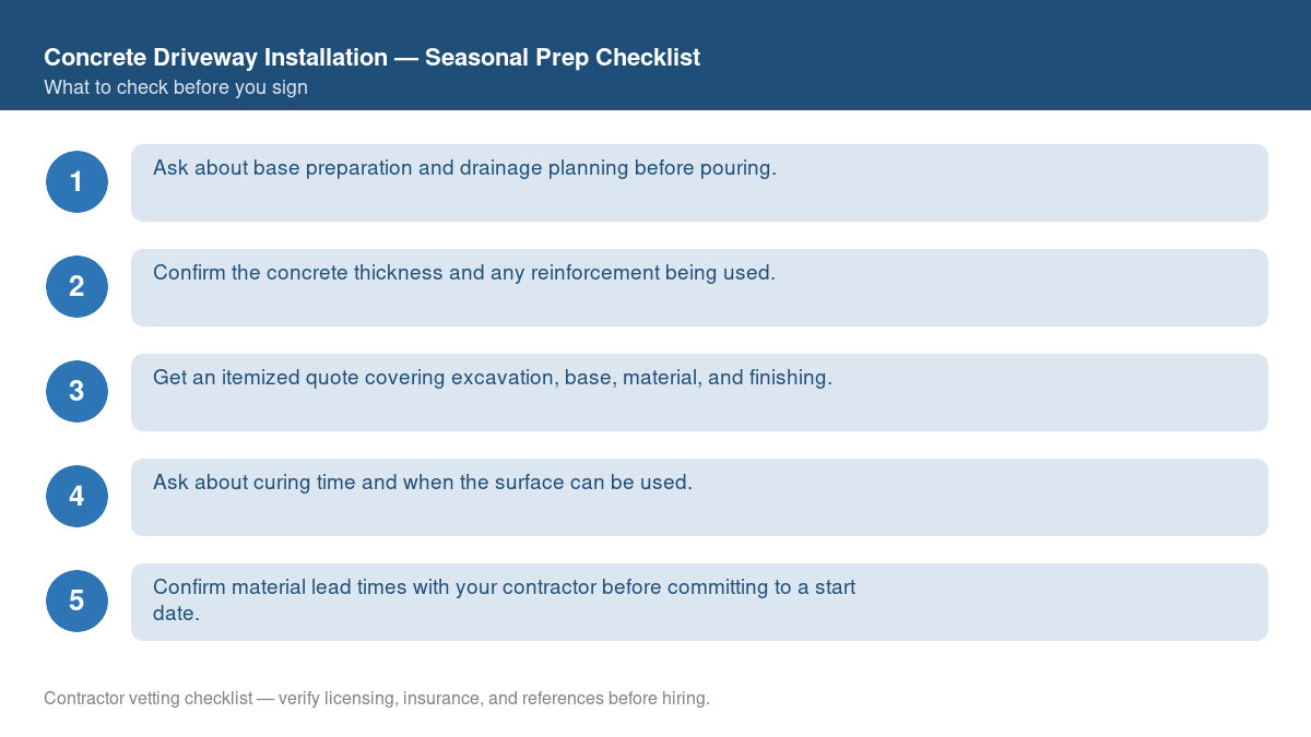 Checklist for seasonal preparation before starting concrete driveway installation