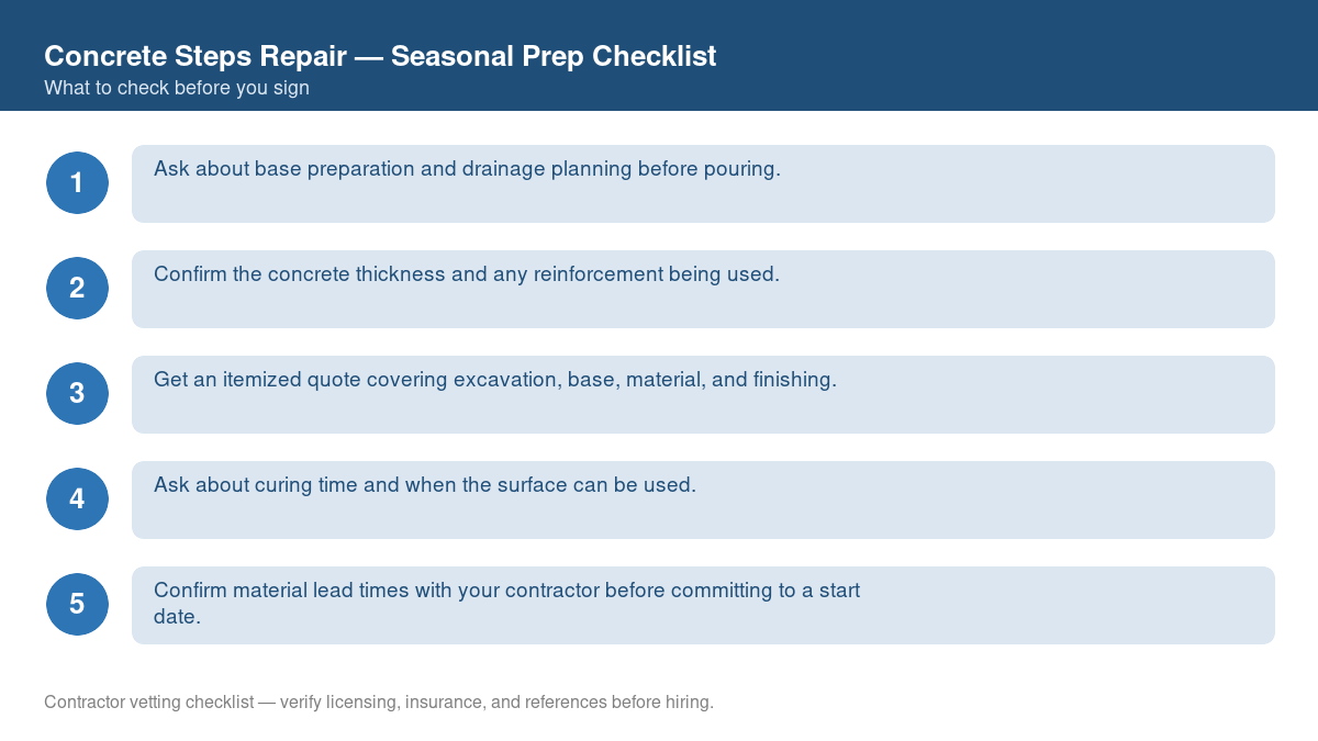 Checklist for seasonal preparation before starting concrete steps repair