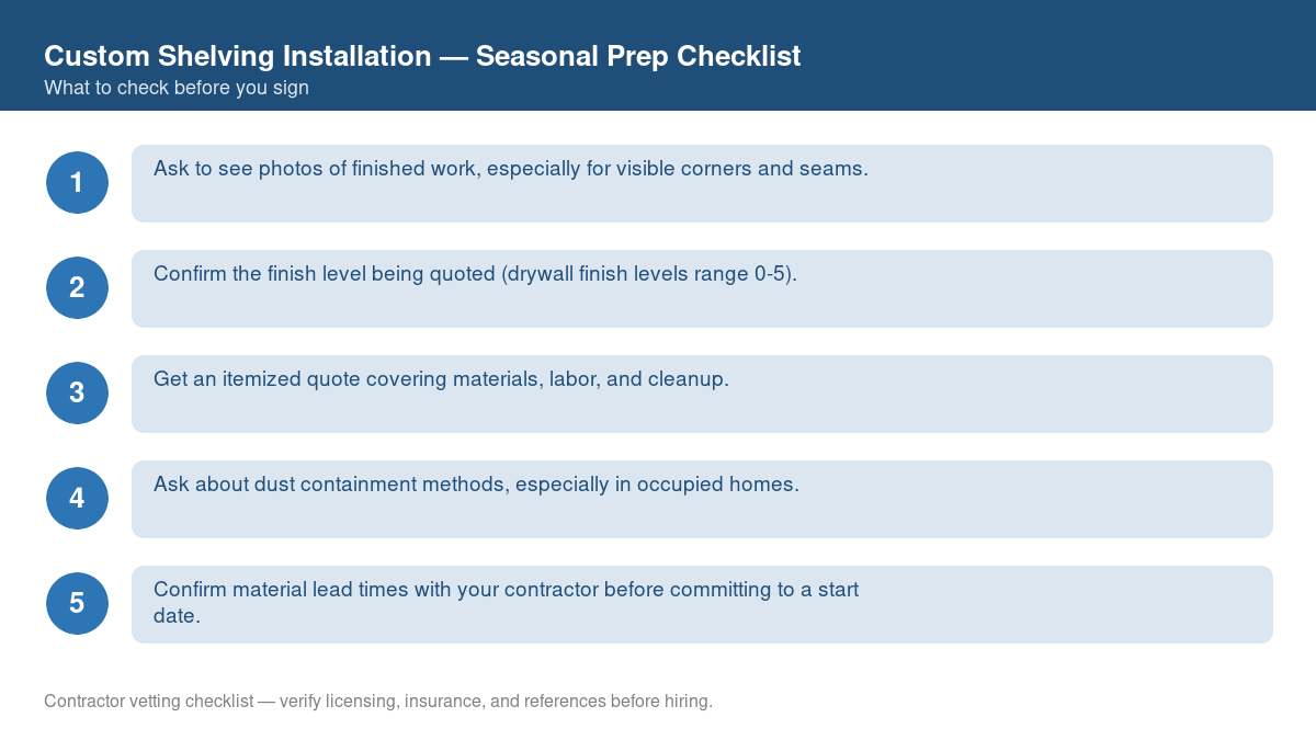 Checklist for seasonal preparation before starting custom shelving installation