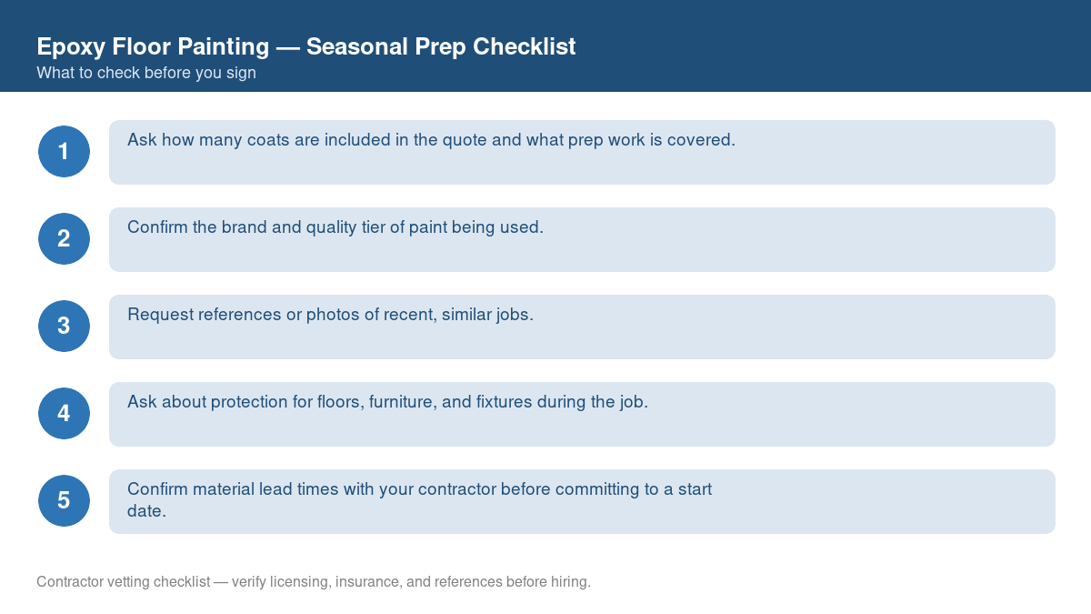 Checklist for seasonal preparation before starting epoxy floor painting