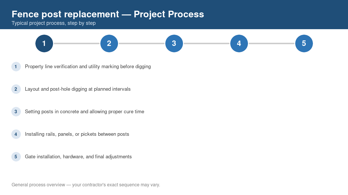 Step-by-step diagram of the typical process for fence post replacement